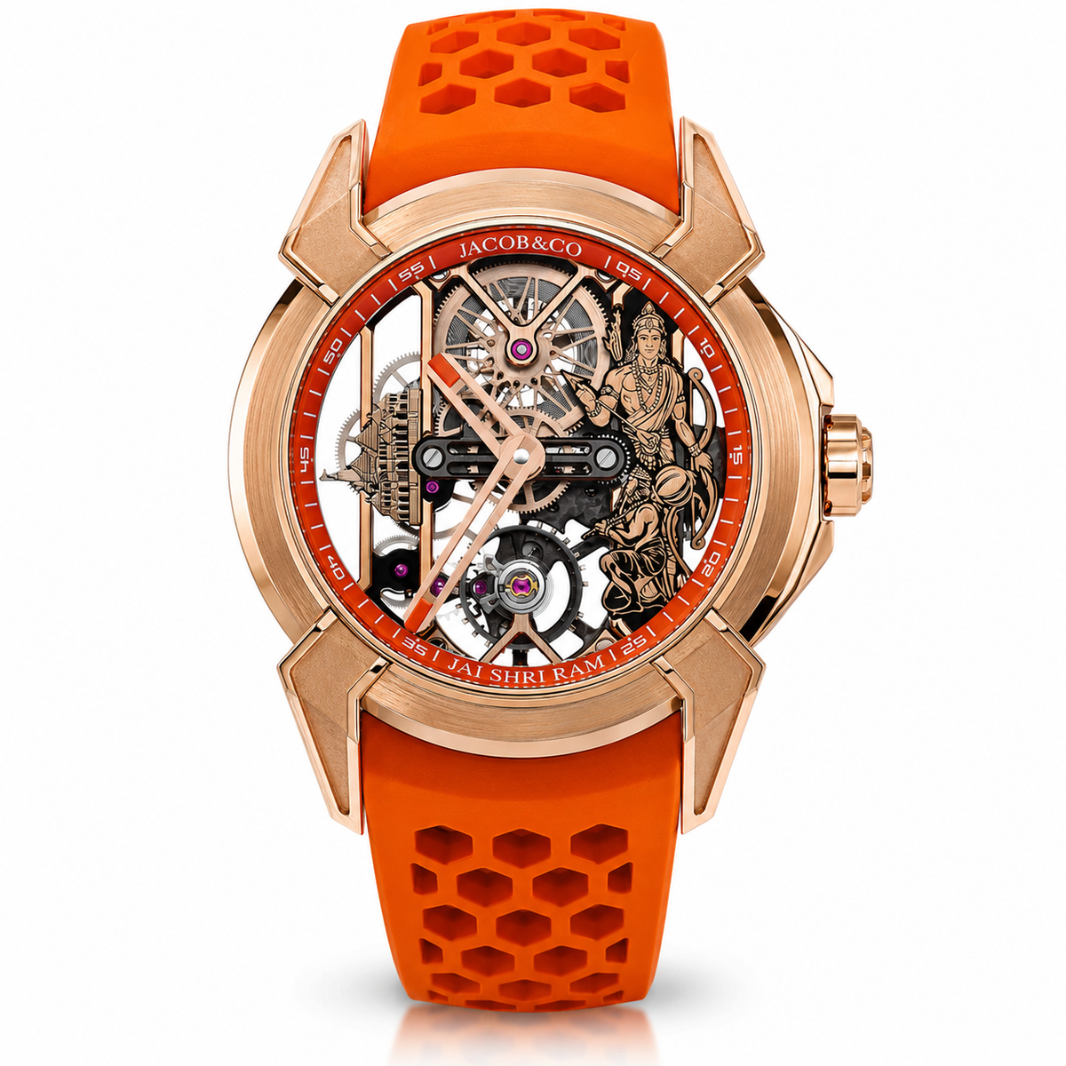 Luxury Orange Skeleton Men’s Watch with Rose Gold Case & Rubber Strap