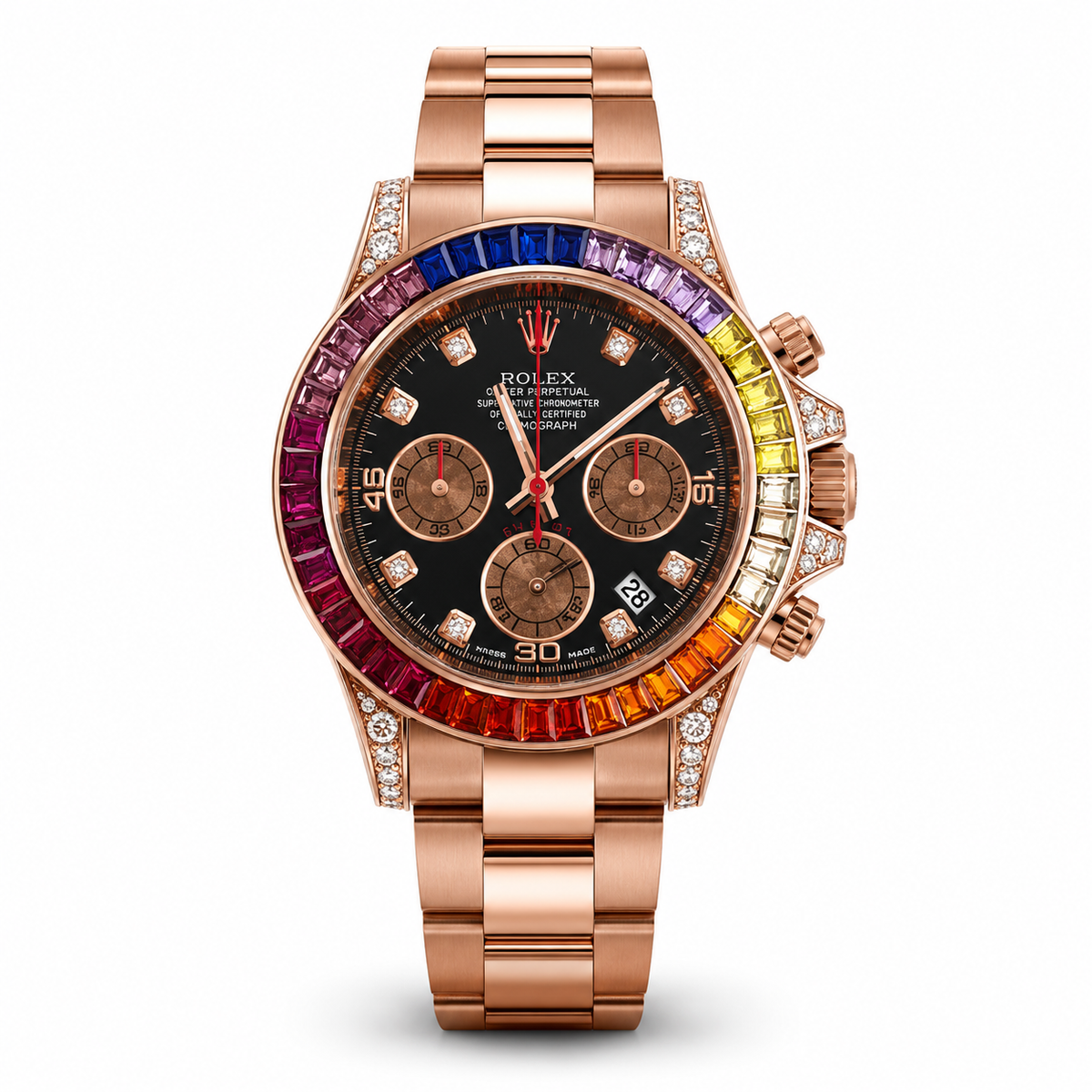 Luxury Rose Gold Rainbow Bezel Chronograph Watch