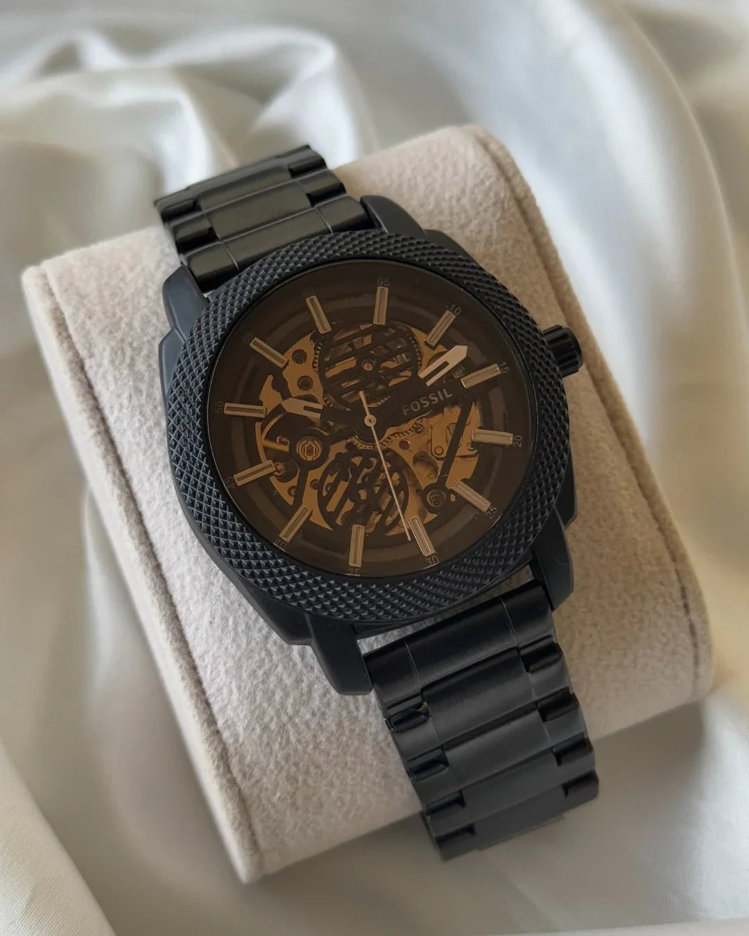 Fossil Black Stainless Steel Skeleton Watch with Gold-Tone Dial