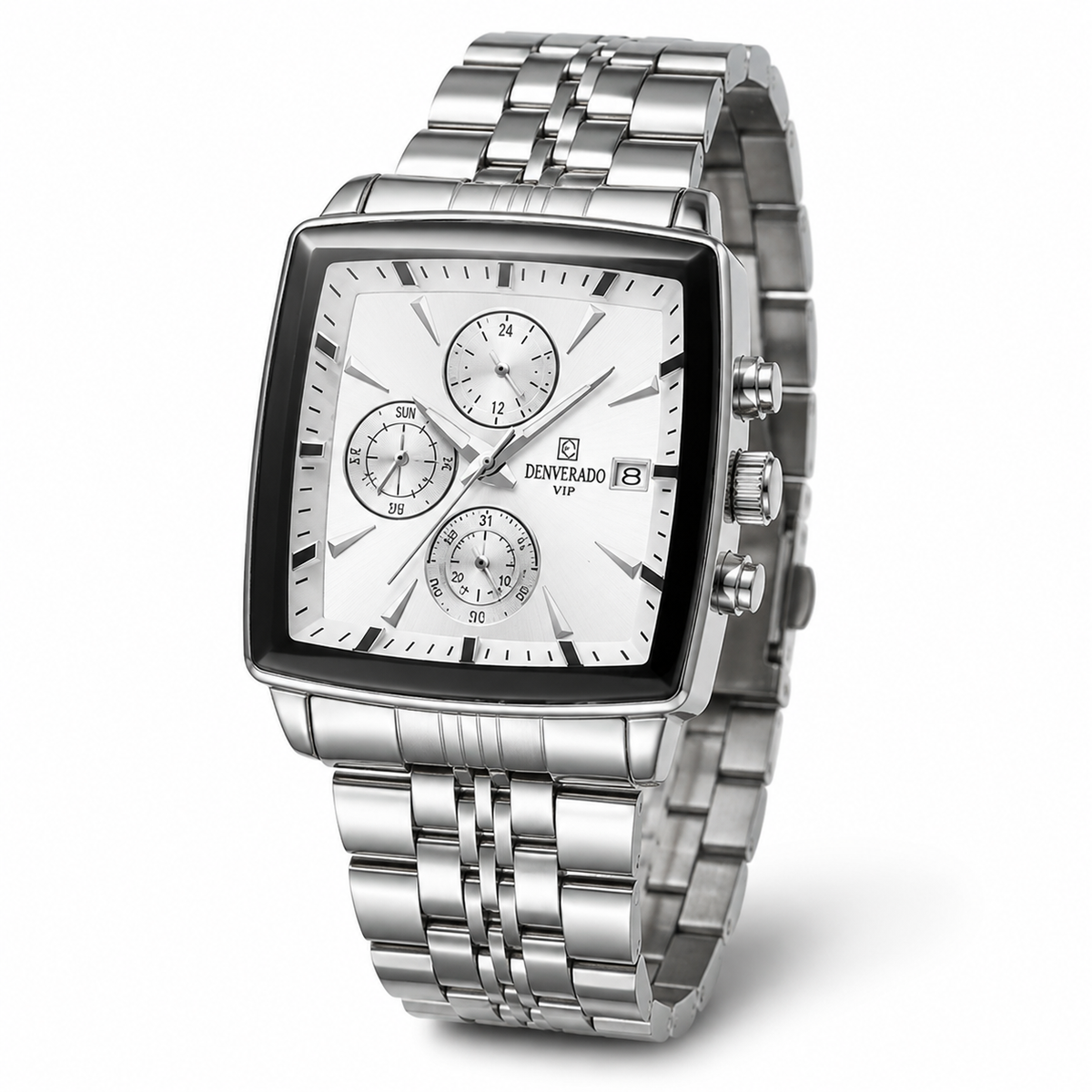 Men's Silver Rectangular Chronograph Watch with Stainless Steel Bracelet