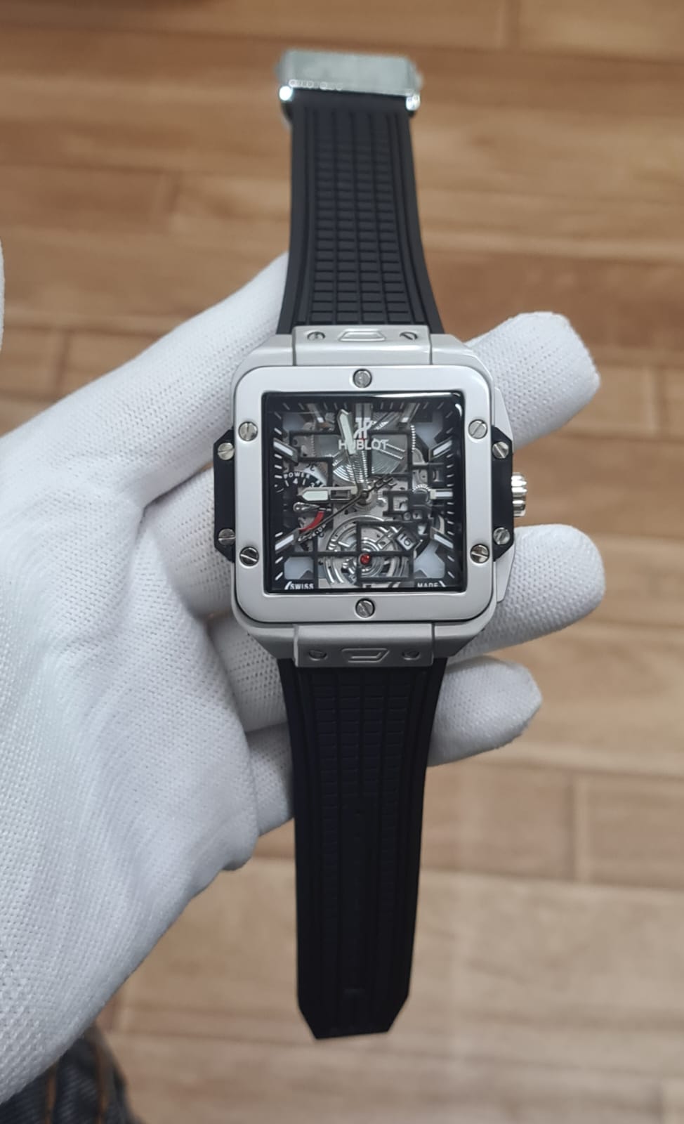 Luxury Black Skeleton Men’s Watch with Square Case & Rubber Strap