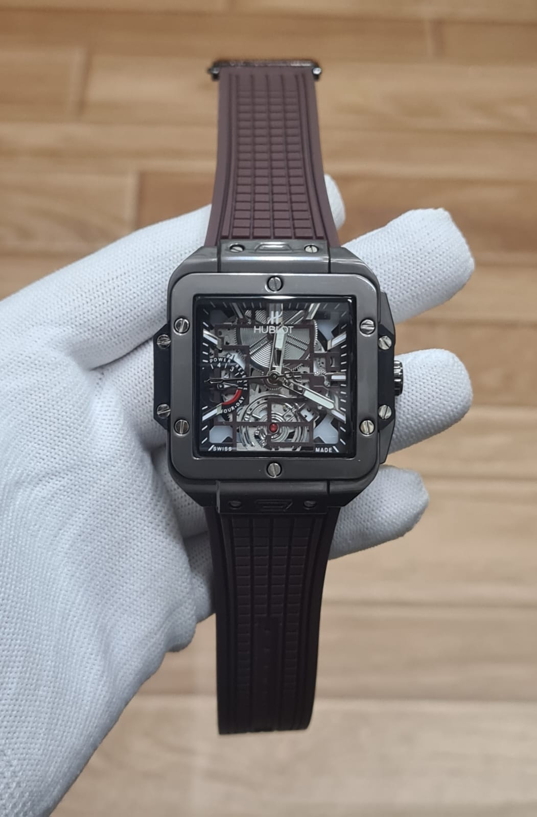 Luxury Black Skeleton Men’s Watch with Square Case & Rubber Strap