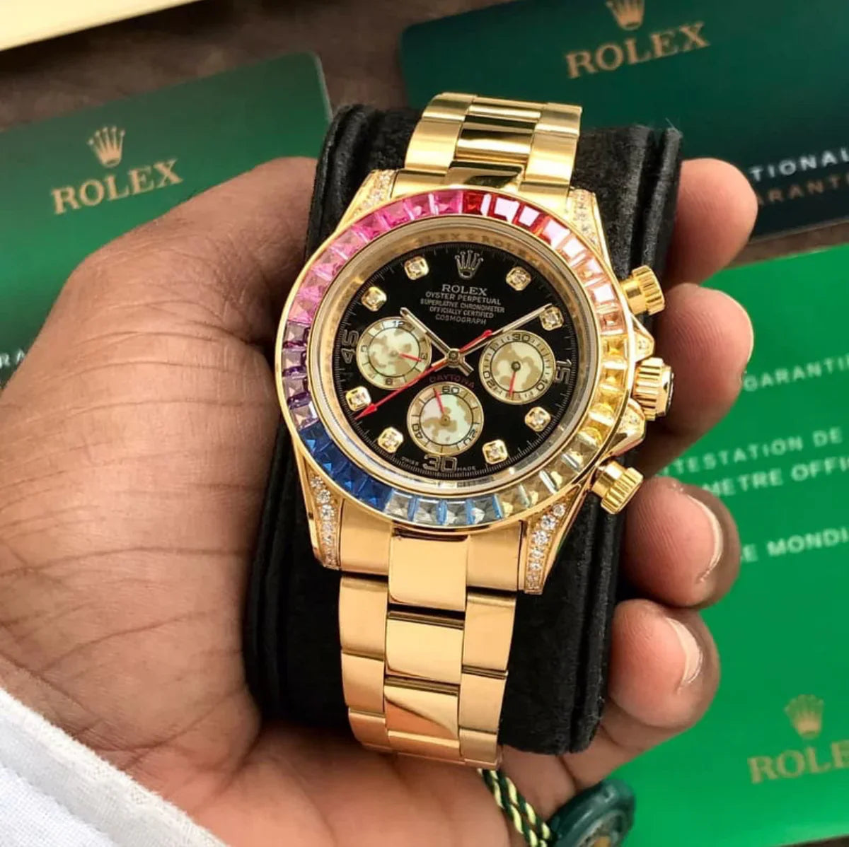 Rolex Daytona Rainbow Everose Gold Chronograph Watch with Gem-Set Bezel