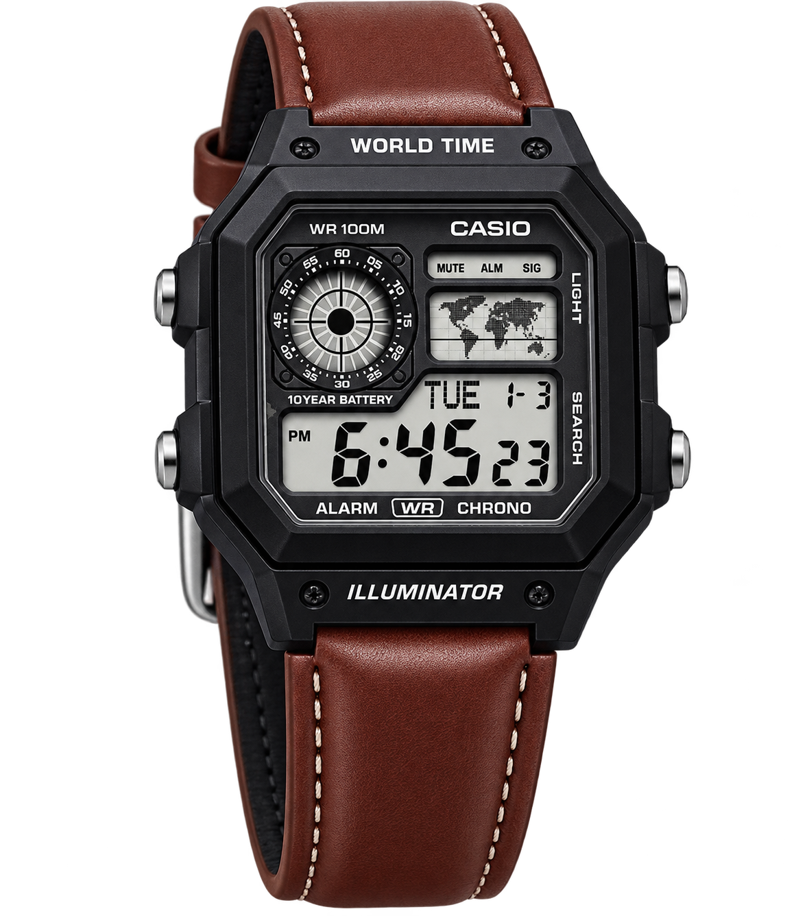 Casio Style Digital Sports Watch for Men – Black World Time Watch with Brown Leather Strap