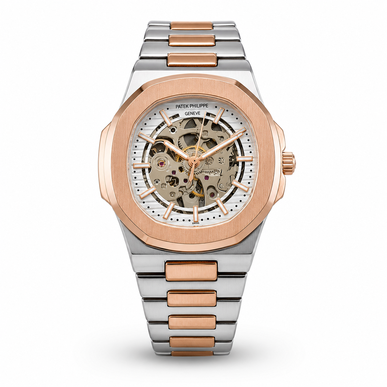Luxury Two-Tone Skeleton Watch for Men | Rose Gold Steel Watch