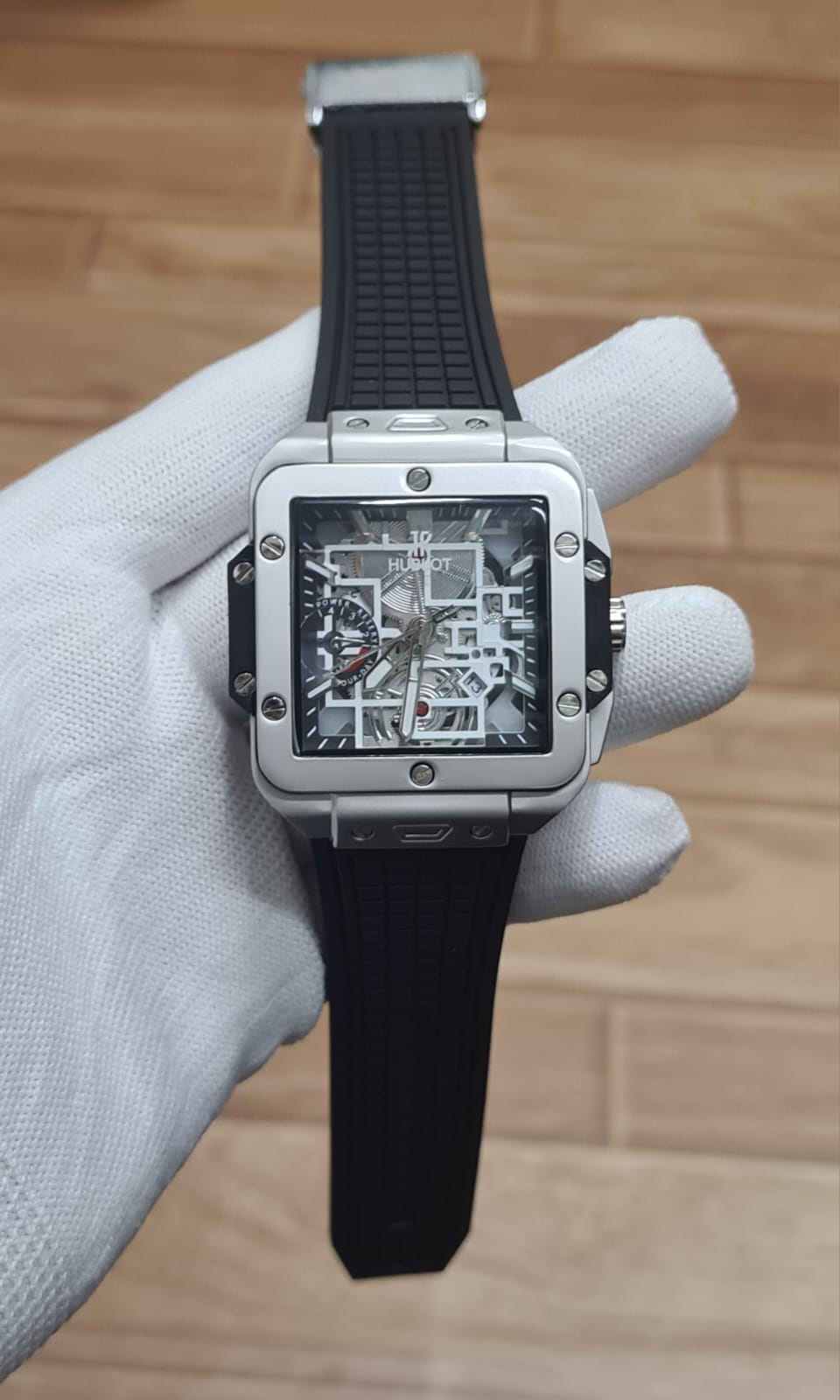 Luxury Black Skeleton Men’s Watch with Square Case & Rubber Strap