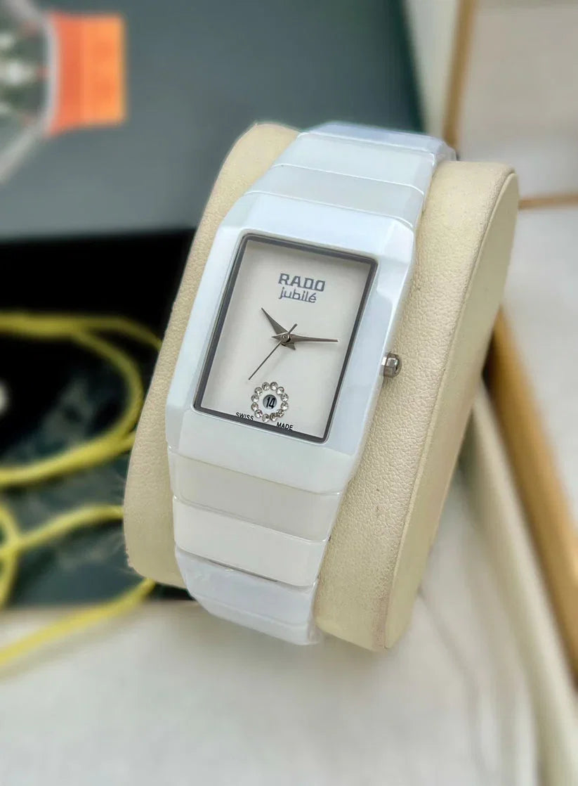 Elegant White Rectangular Watch | Rose Gold Dial & Date