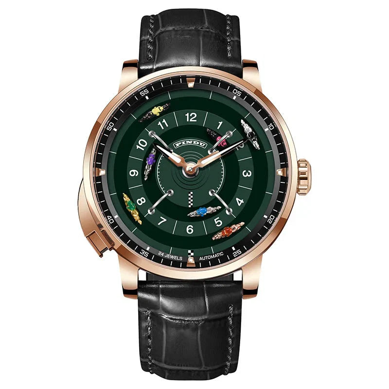 Green Automatic Watch for Men | Rose Gold Case & Leather Strap