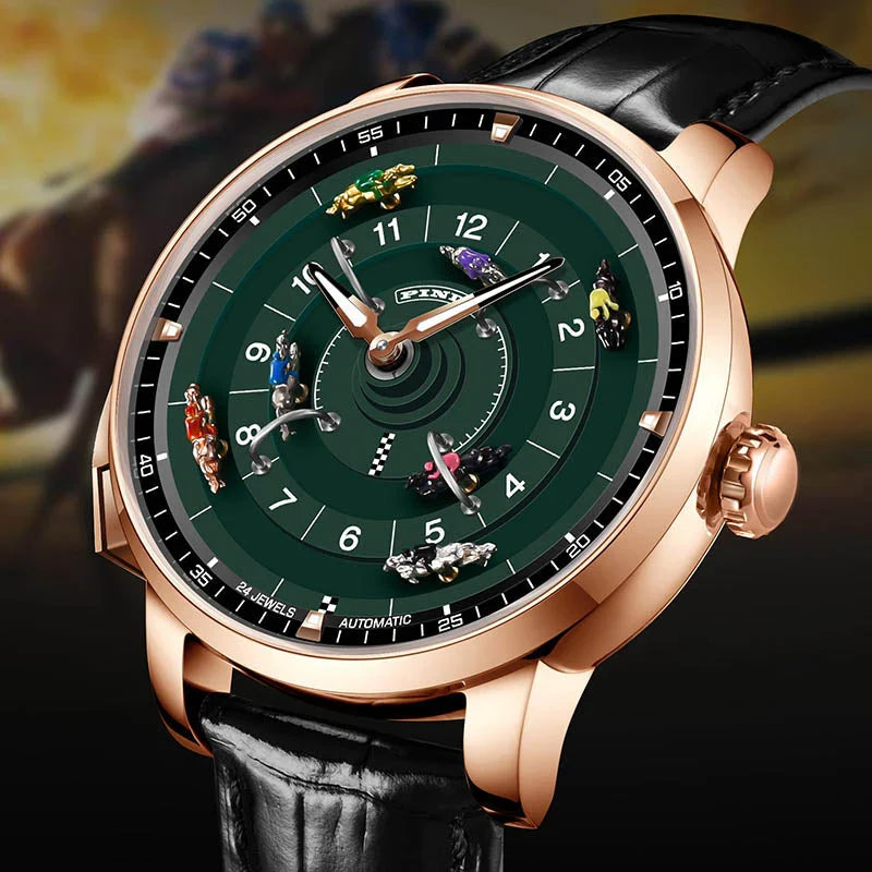 Green Automatic Watch for Men | Rose Gold Case & Leather Strap