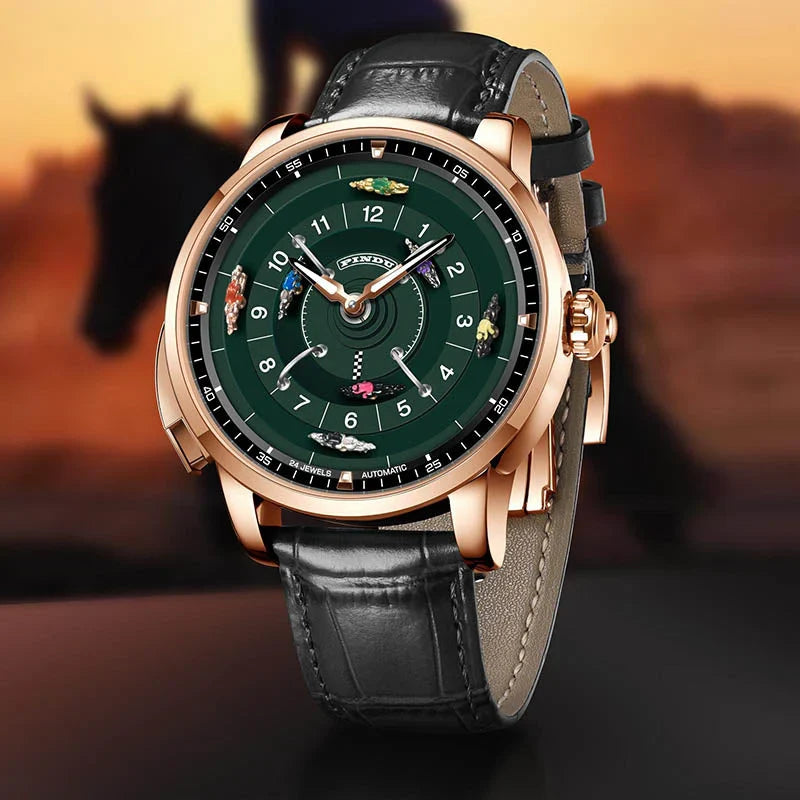 Green Automatic Watch for Men | Rose Gold Case & Leather Strap