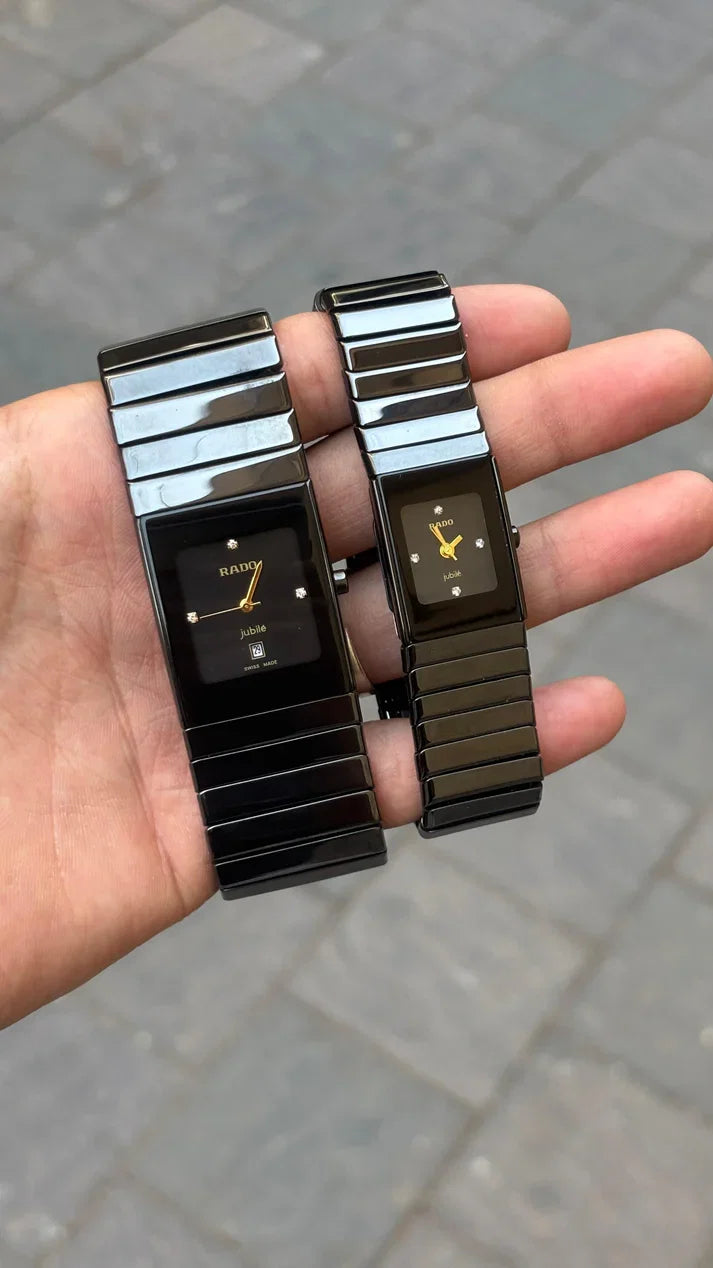 RADO Couple Watch Set | Black Rectangular Dial Matching Watches