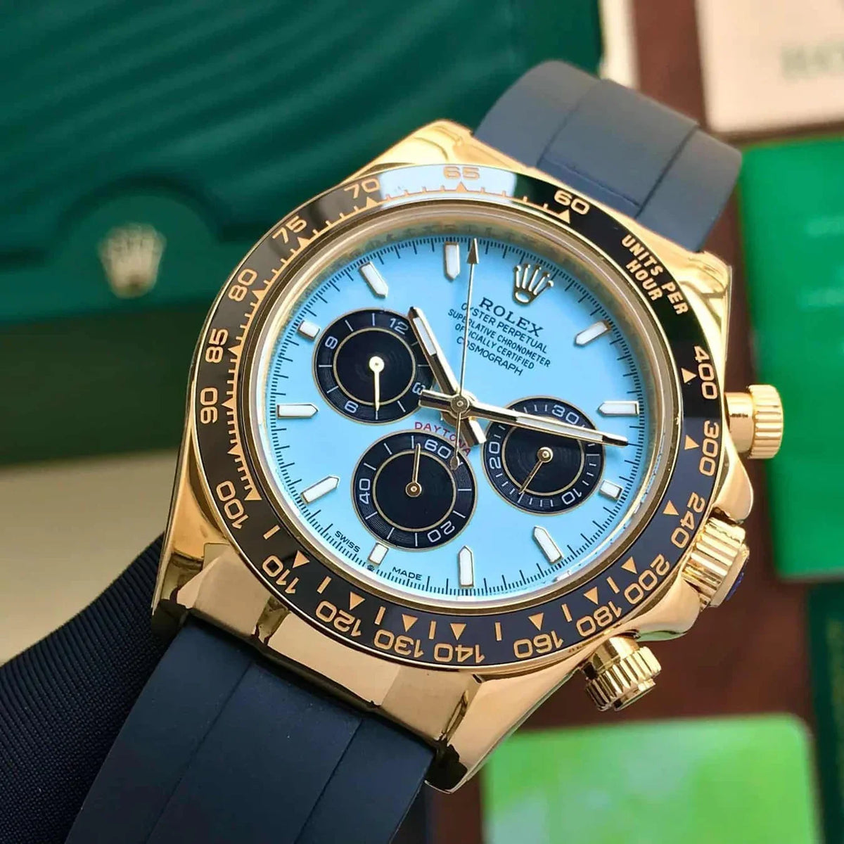 Luxury Gold & Black Chronograph Watch with Turquoise Dial
