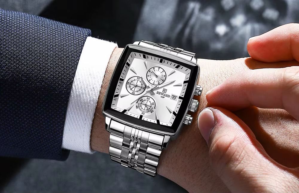 Men's Silver Rectangular Chronograph Watch with Stainless Steel Bracelet
