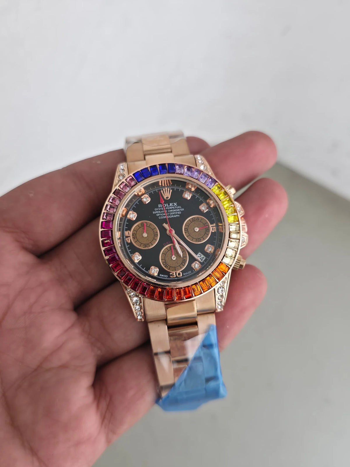 Luxury Rose Gold Rainbow Bezel Chronograph Watch