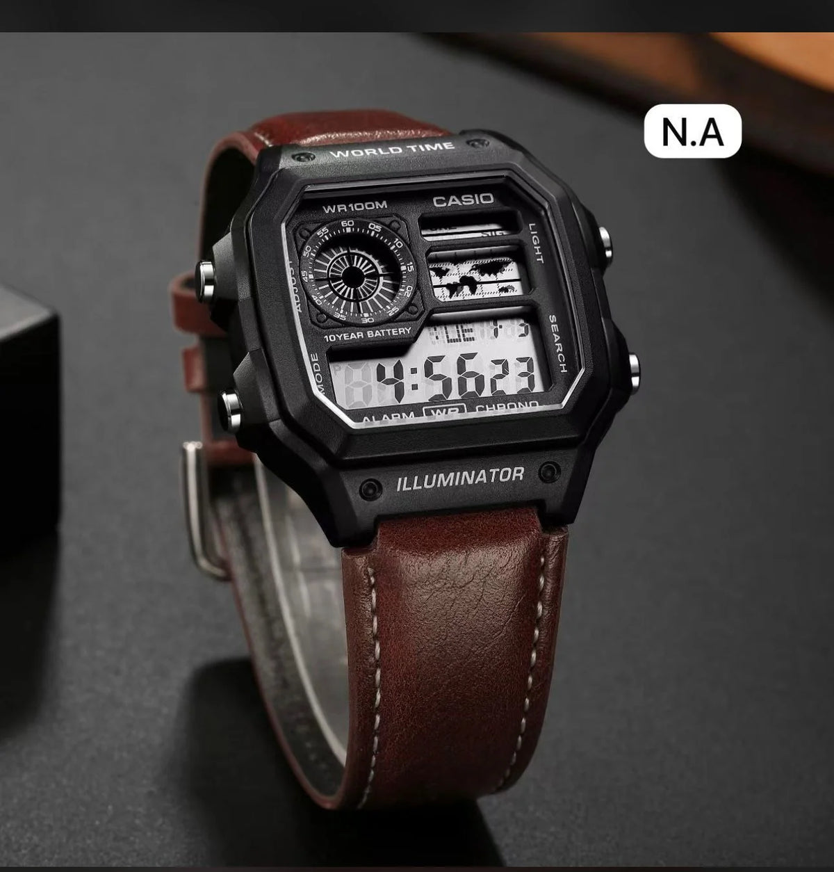 Casio Style Digital Sports Watch for Men – Black World Time Watch with Brown Leather Strap