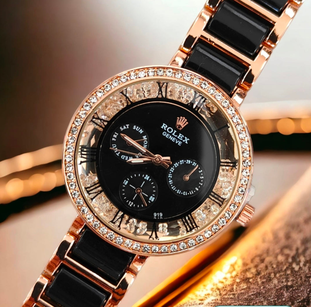 Luxury Rose Gold Black Crystal Dial Women's Watch