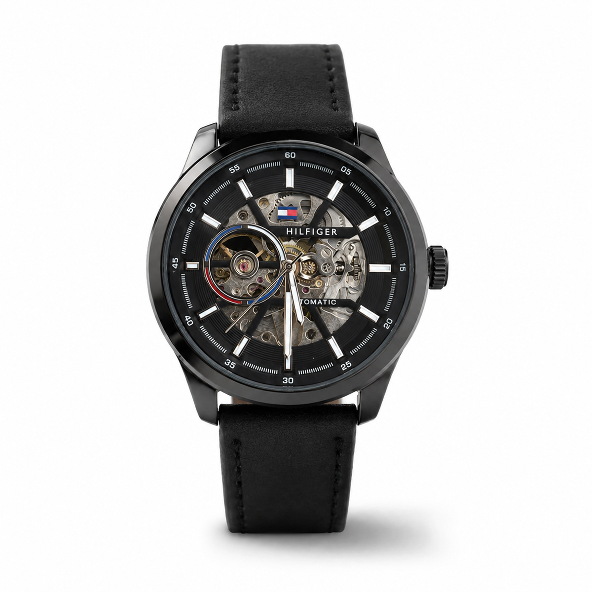 Men’s Black Skeleton Automatic Watch with Leather Strap