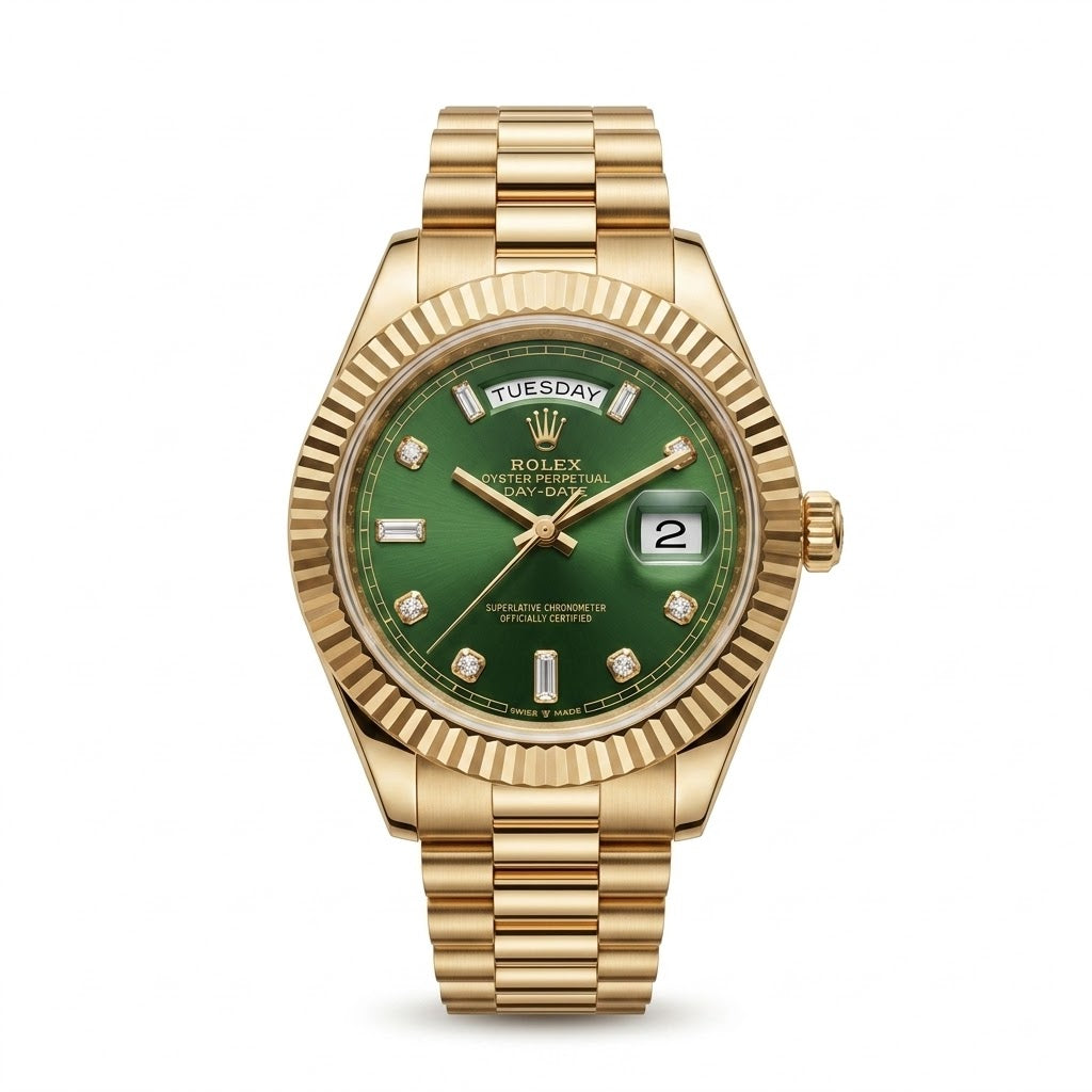 Luxury Gold Green Dial Watch | Fluted Bezel & Day-Date