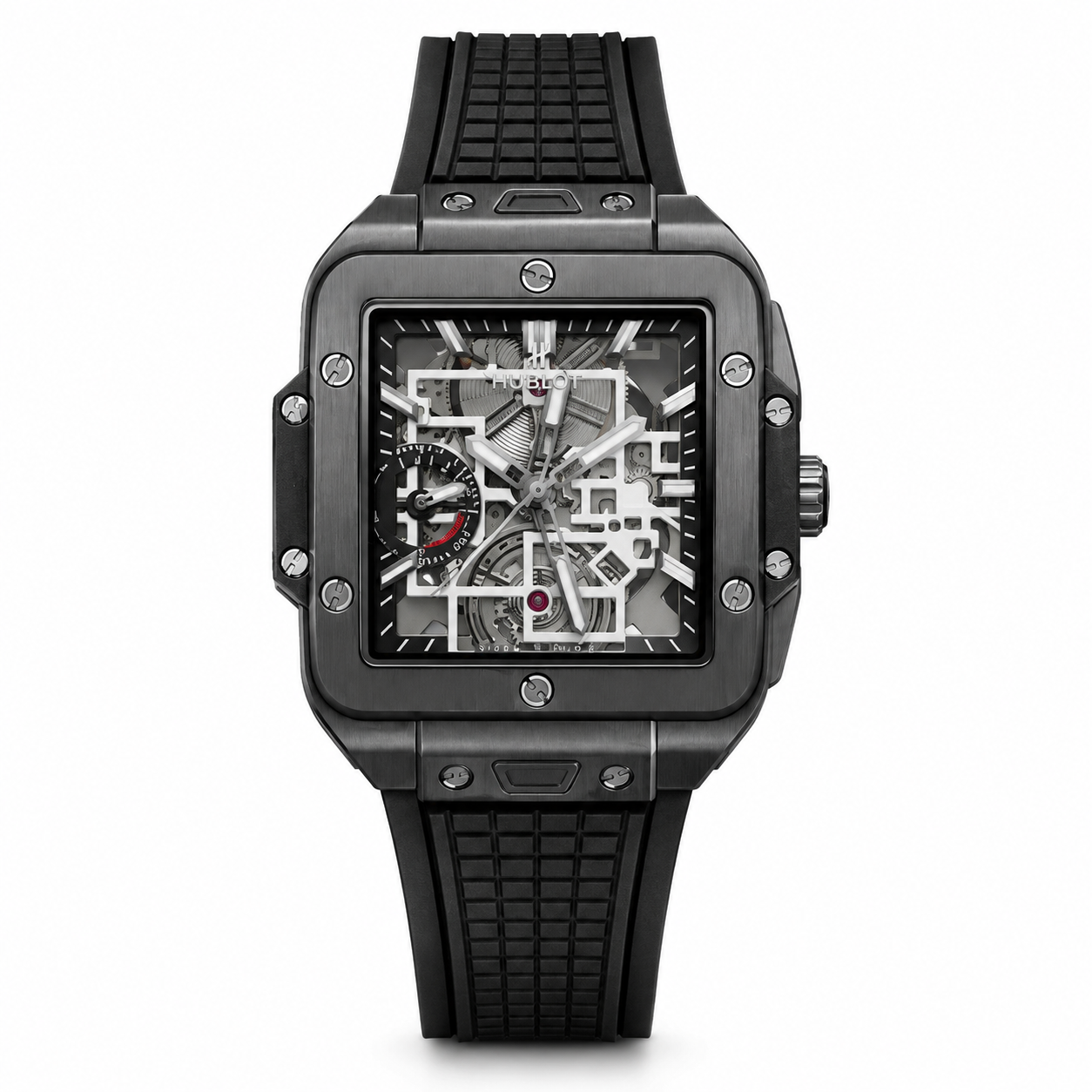 Luxury Black Skeleton Men’s Watch with Square Case & Rubber Strap