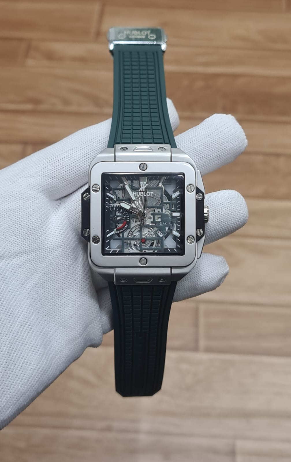 Luxury Black Skeleton Men’s Watch with Square Case & Rubber Strap