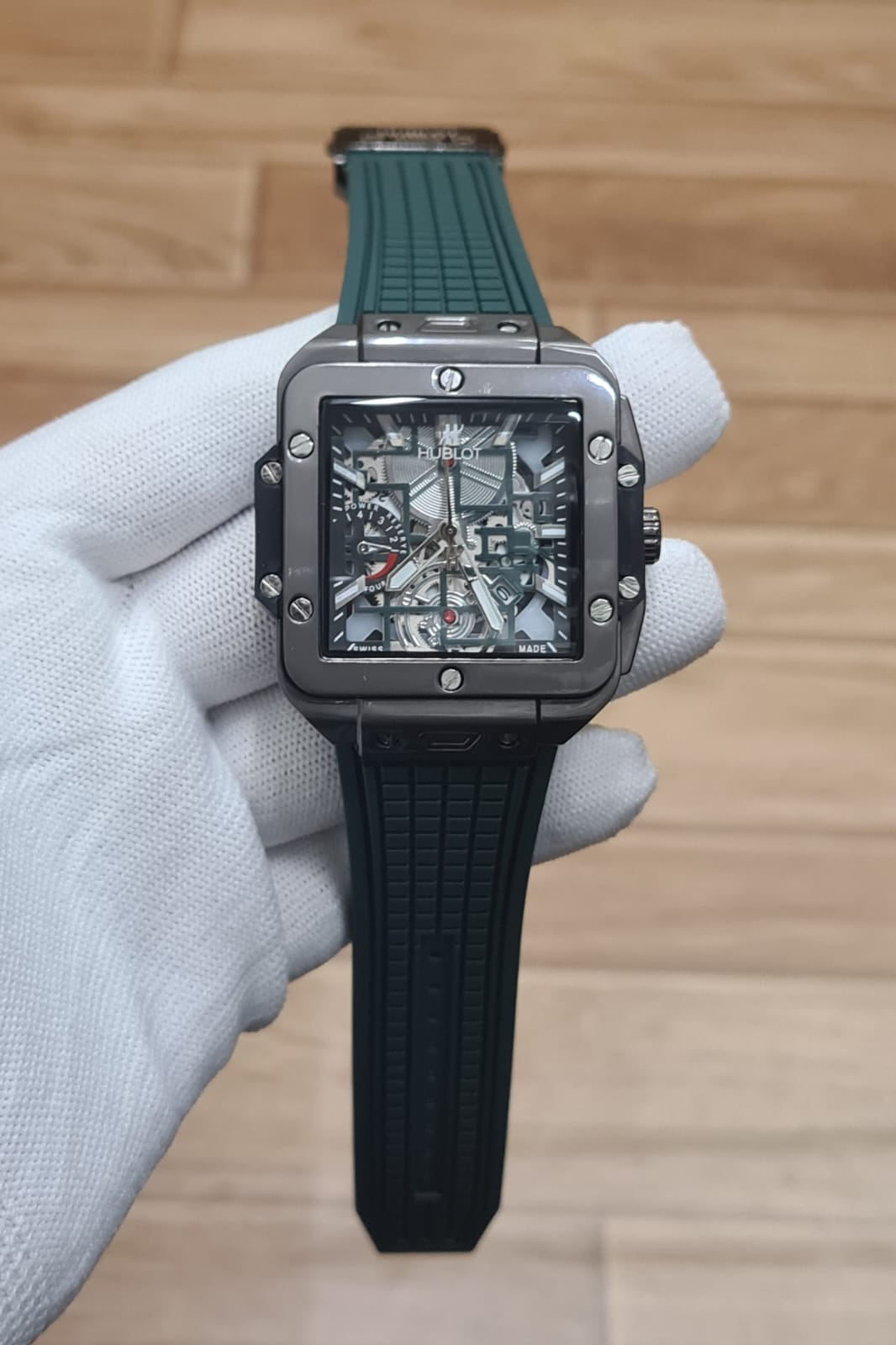 Luxury Black Skeleton Men’s Watch with Square Case & Rubber Strap