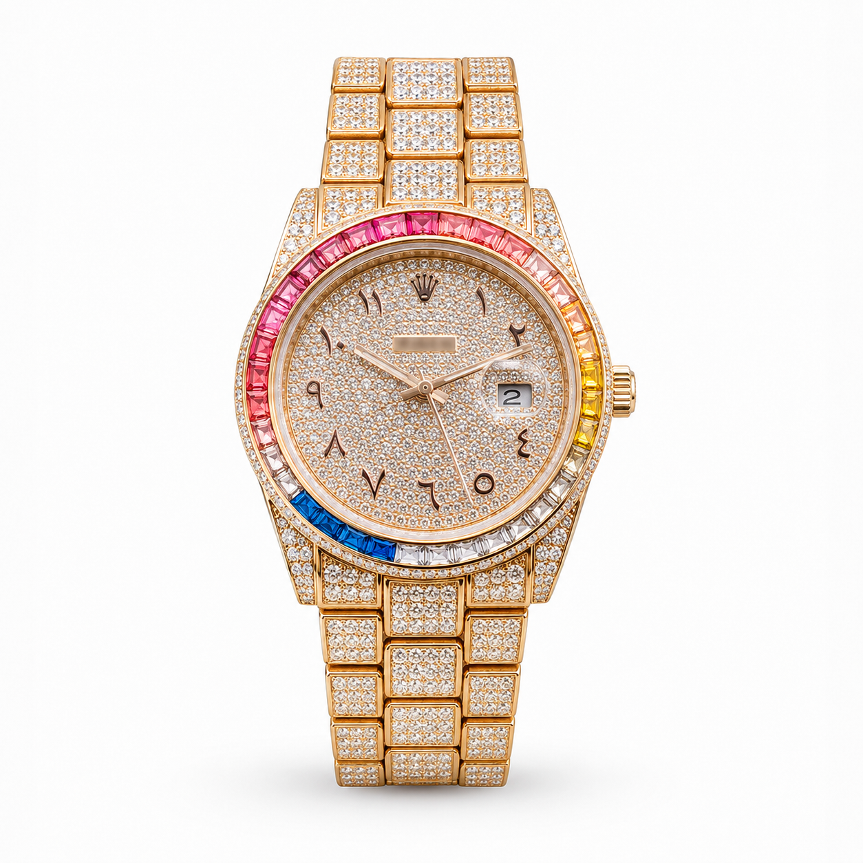 Luxury Rose Gold Rainbow Crystal Watch | Iced Out Steel Watch