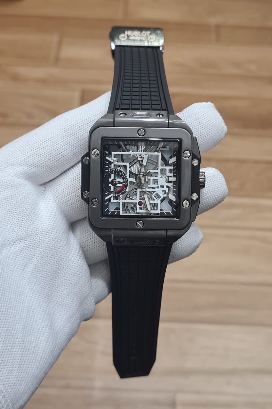 Luxury Black Skeleton Men’s Watch with Square Case & Rubber Strap