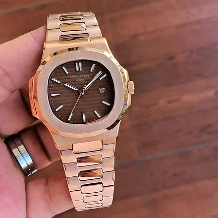 Luxury Rose Gold Nautilus Style Watch | Brown Dial & Date