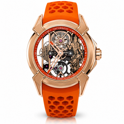 Luxury Orange Skeleton Men’s Watch with Rose Gold Case & Rubber Strap