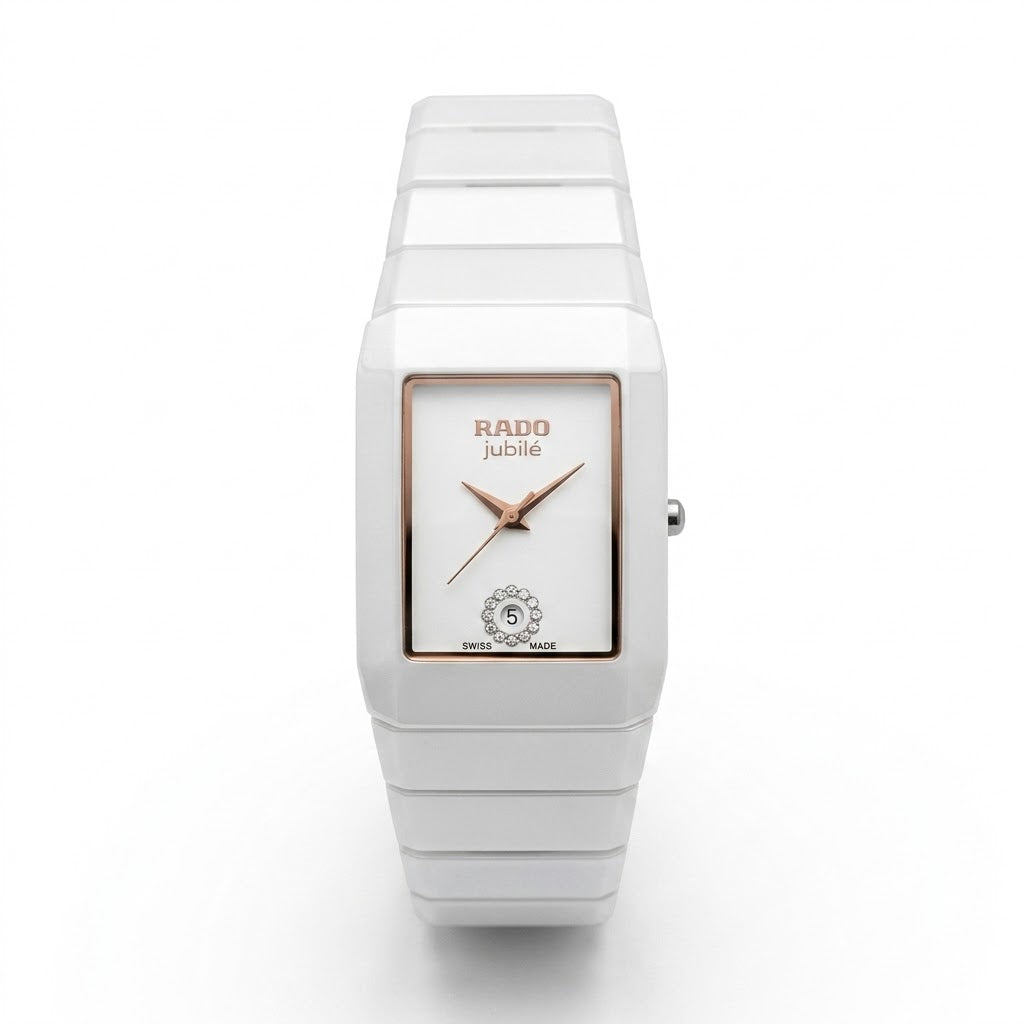 Elegant White Rectangular Watch | Rose Gold Dial & Date