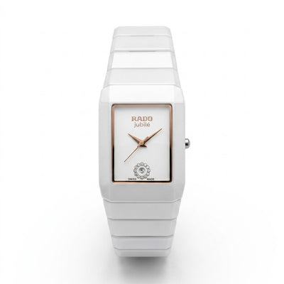 Elegant White Rectangular Watch | Rose Gold Dial & Date