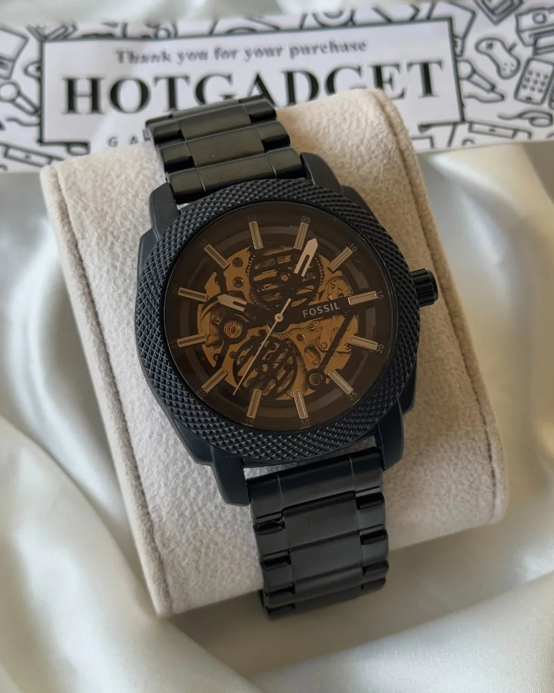 Fossil Black Stainless Steel Skeleton Watch with Gold-Tone Dial
