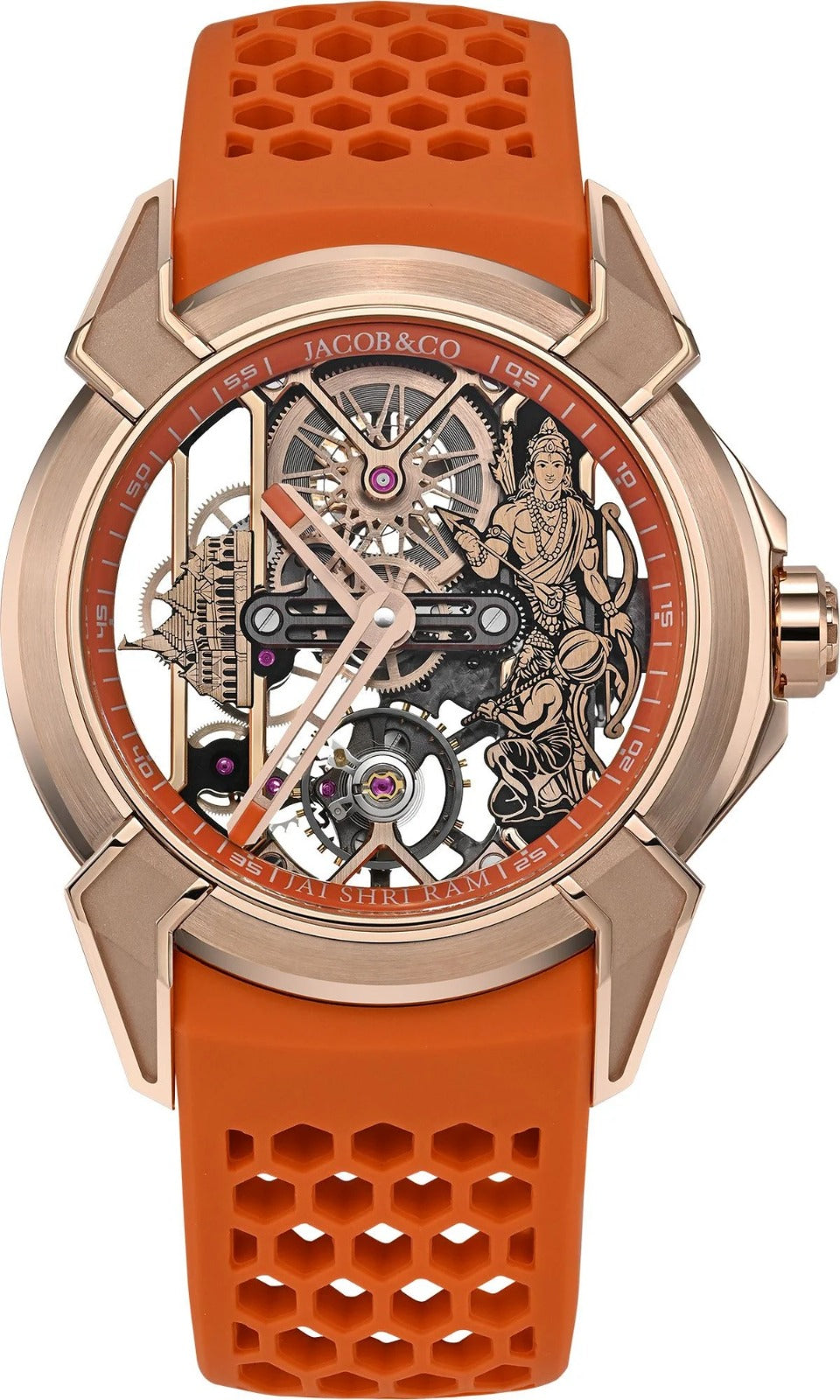 Luxury Orange Skeleton Men’s Watch with Rose Gold Case & Rubber Strap