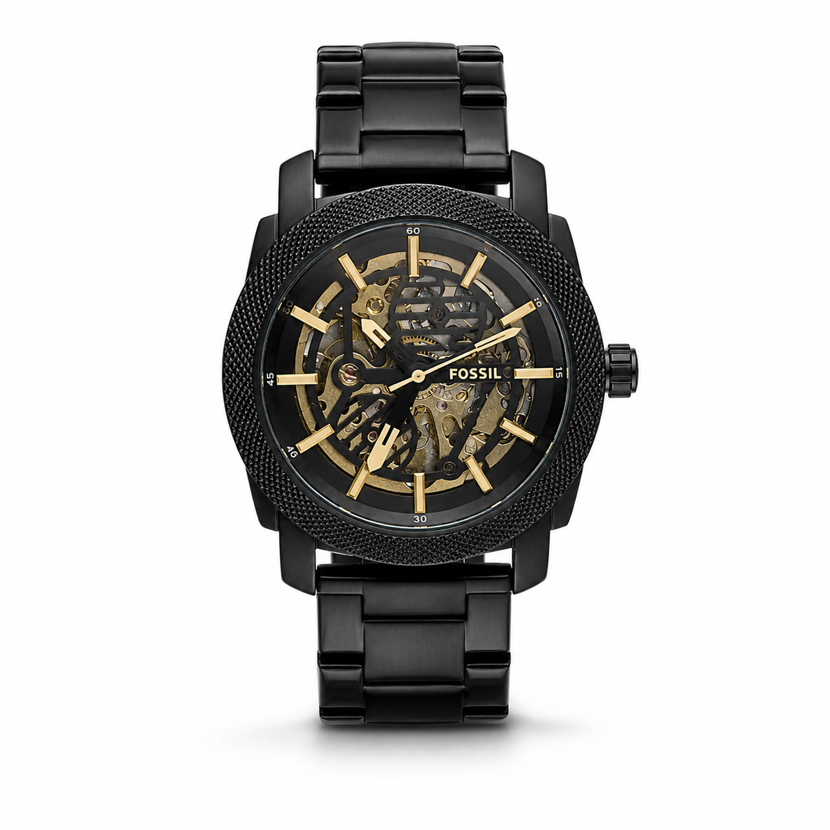Fossil Black Stainless Steel Skeleton Watch with Gold-Tone Dial