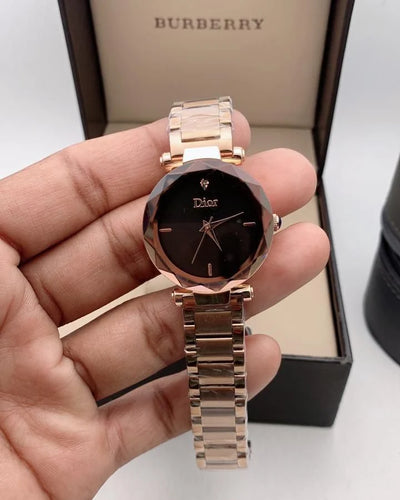 Rose Gold Luxury Women’s Watch with Black Dial & Metal Bracelet
