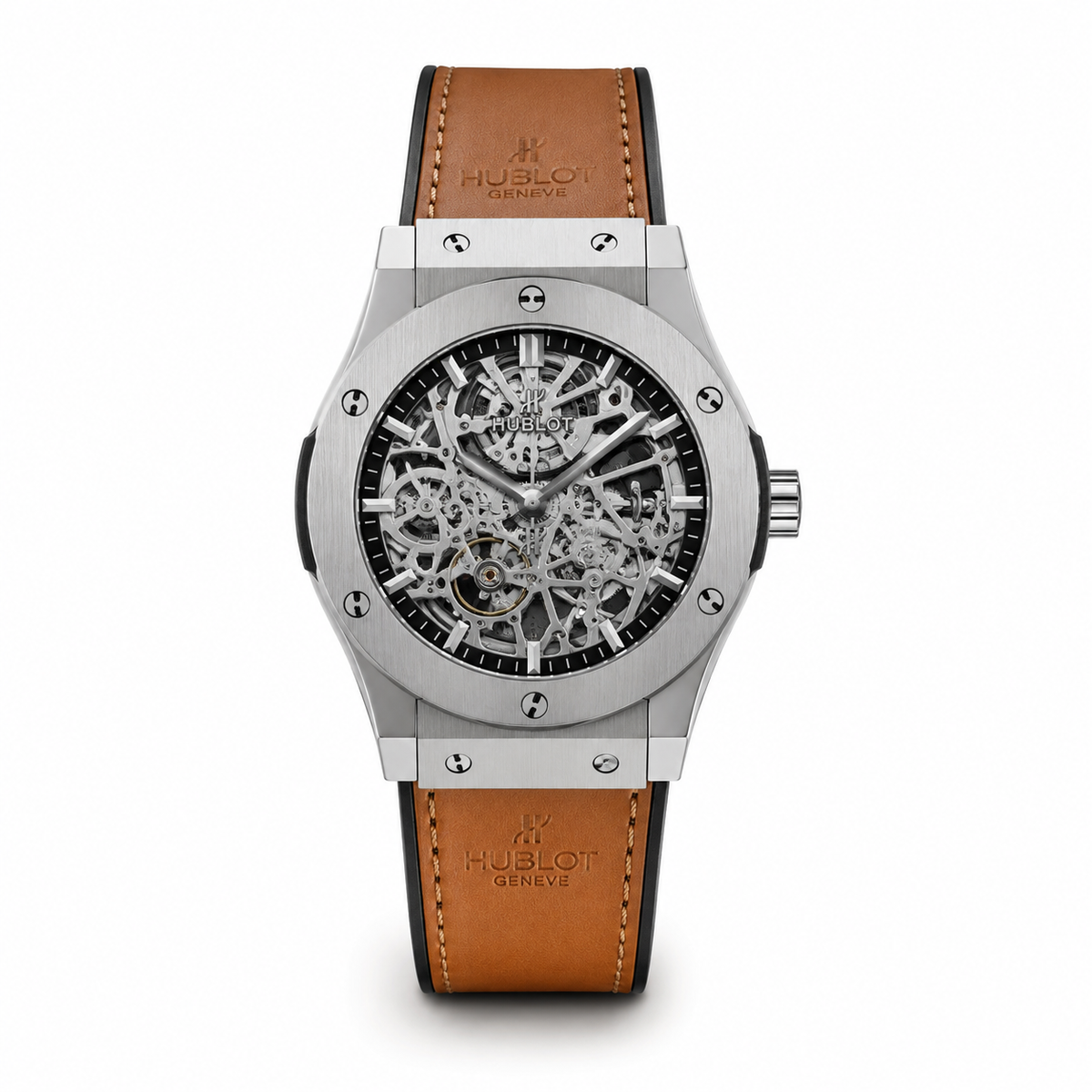 Silver Case with Brown Leather Strap