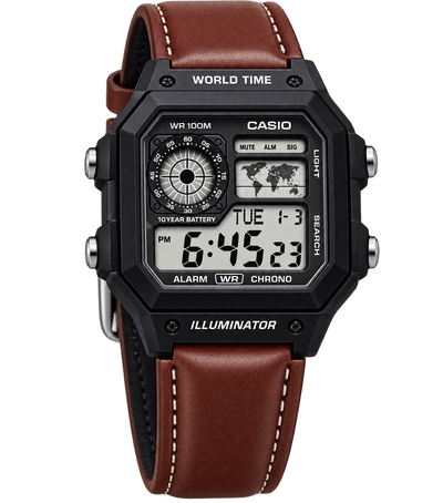 Casio Style Digital Sports Watch for Men – Black World Time Watch with Brown Leather Strap