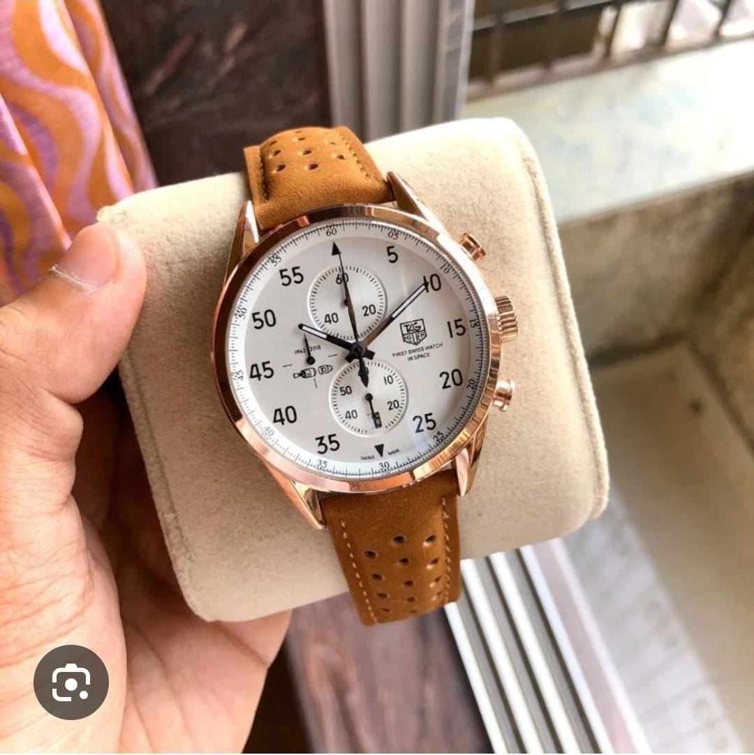 White Dial with Brown Leather Racing Strap