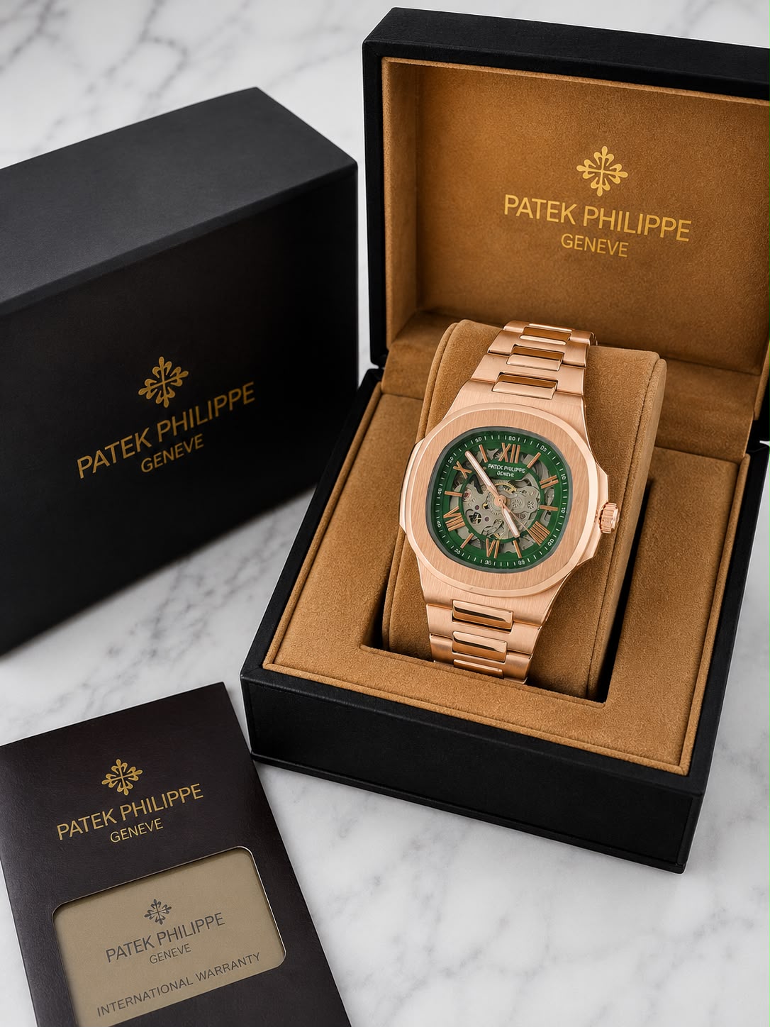 Patek Philippe Rose Gold Skeleton Dial Luxury Watch for Men