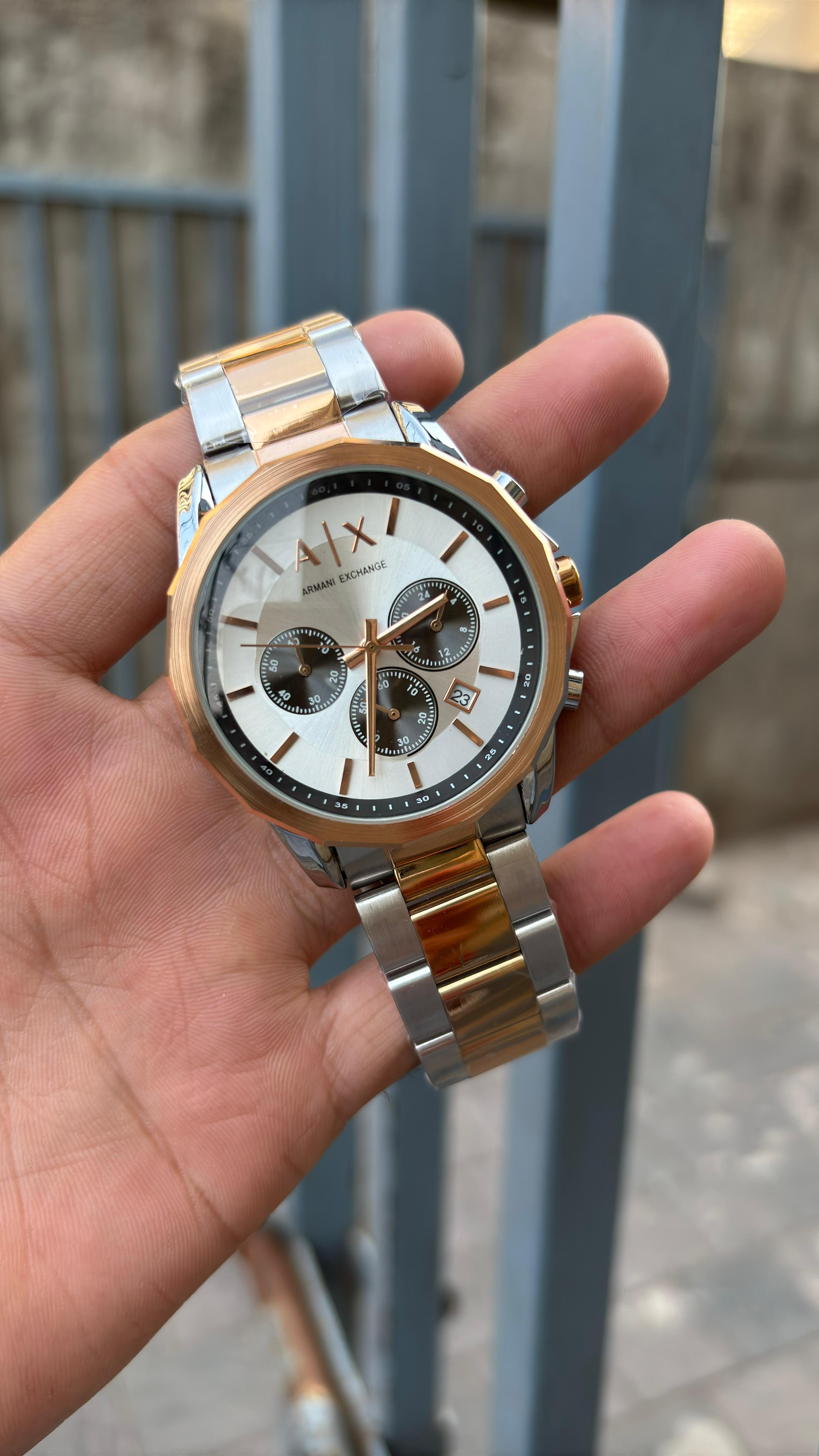 AX White Dial Chronograph Two-Tone Metal Belt Watch For Men's