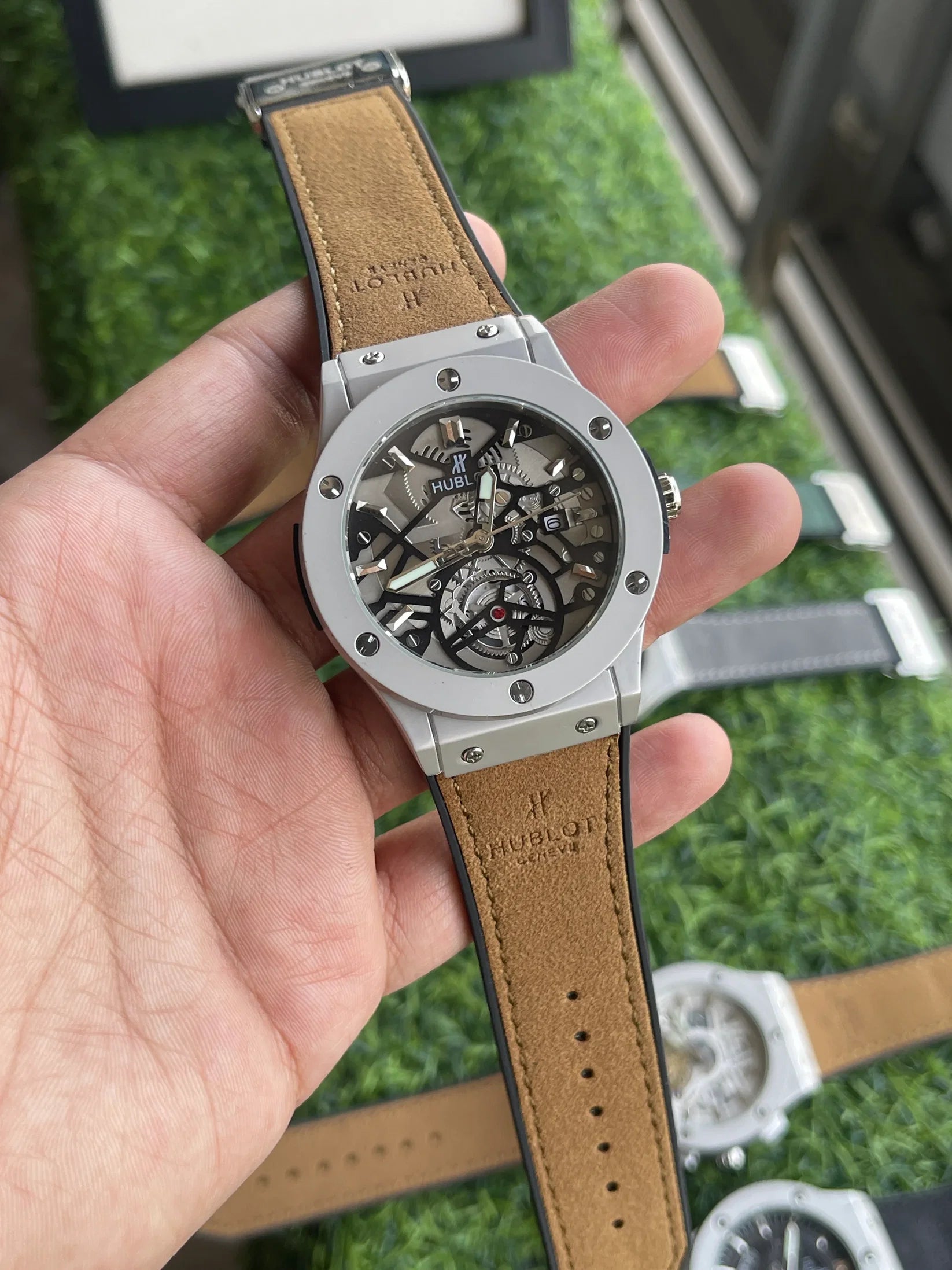 Silver Case with Brown Leather Strap