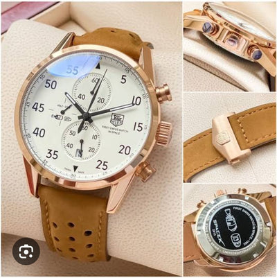 White Dial with Brown Leather Racing Strap