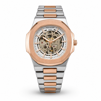 Luxury Two-Tone Skeleton Watch for Men | Rose Gold Steel Watch
