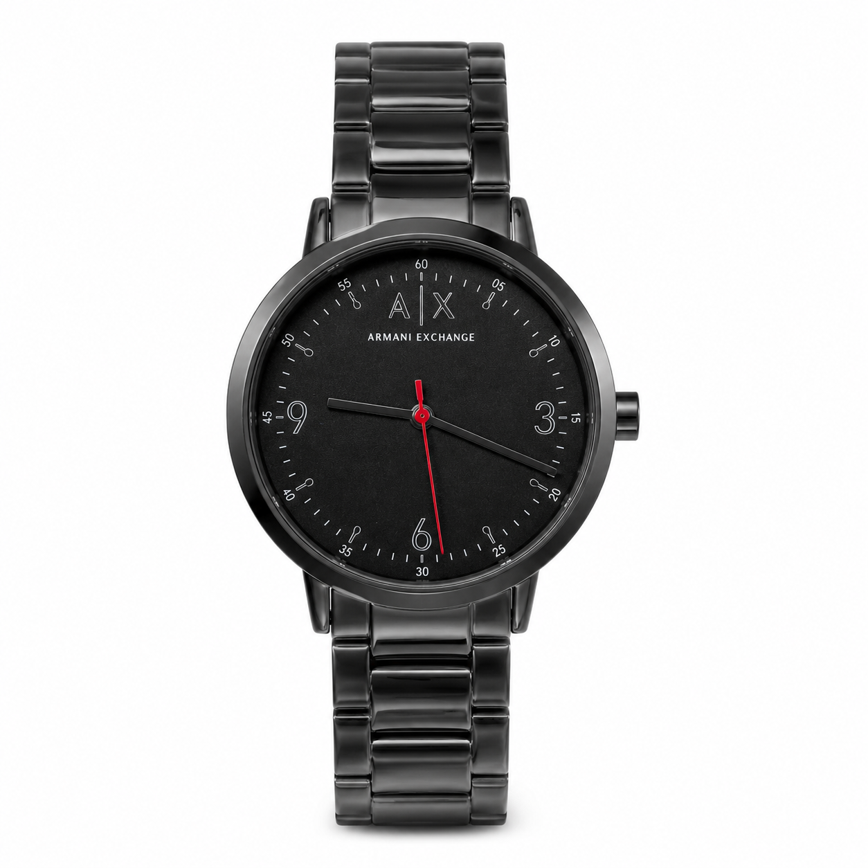 Men's Black Round Watch with Stainless Steel Bracelet & Red Seconds Hand