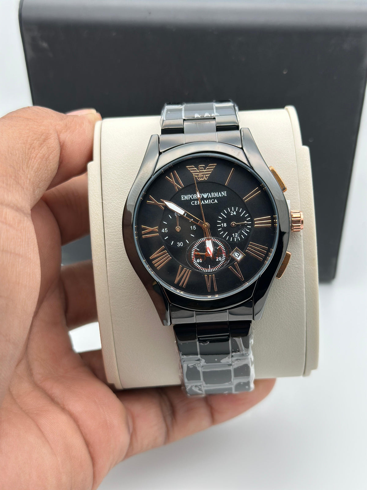 Emporio Armani Ceramic Green Dial Gold Tone Chronograph Watch for Men
