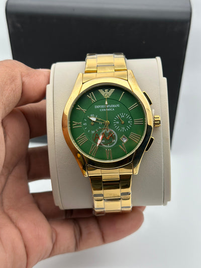 Emporio Armani Ceramic Green Dial Gold Tone Chronograph Watch for Men