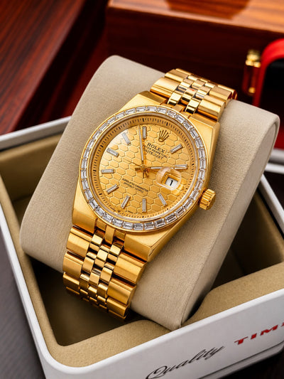 Men's Gold Luxury Watch with Diamond Style Bezel