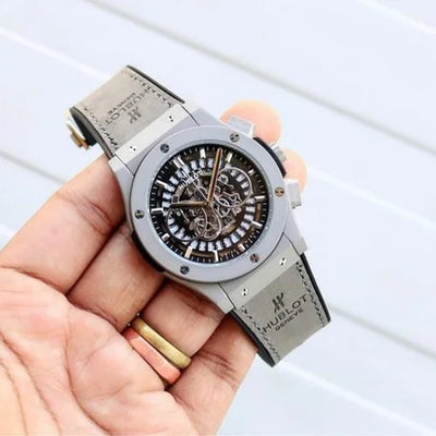 Silver Case, Grey Leather Strap & Openwork Dial