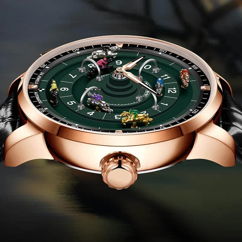 Green Automatic Watch for Men | Rose Gold Case & Leather Strap