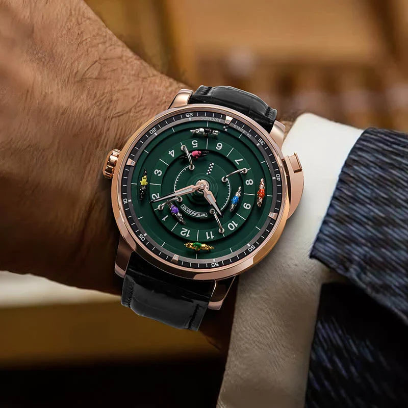 Green Automatic Watch for Men | Rose Gold Case & Leather Strap